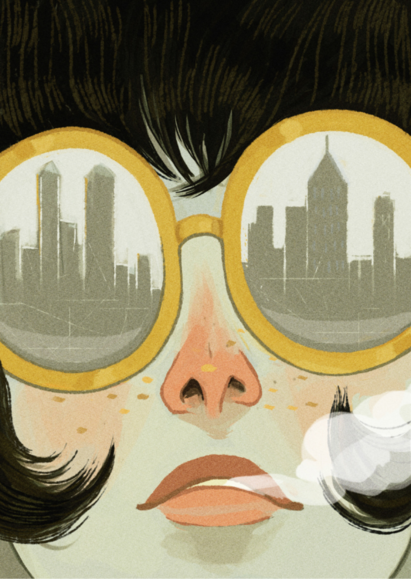 Mulher fumando vendo a cidade no reflexo do óculos